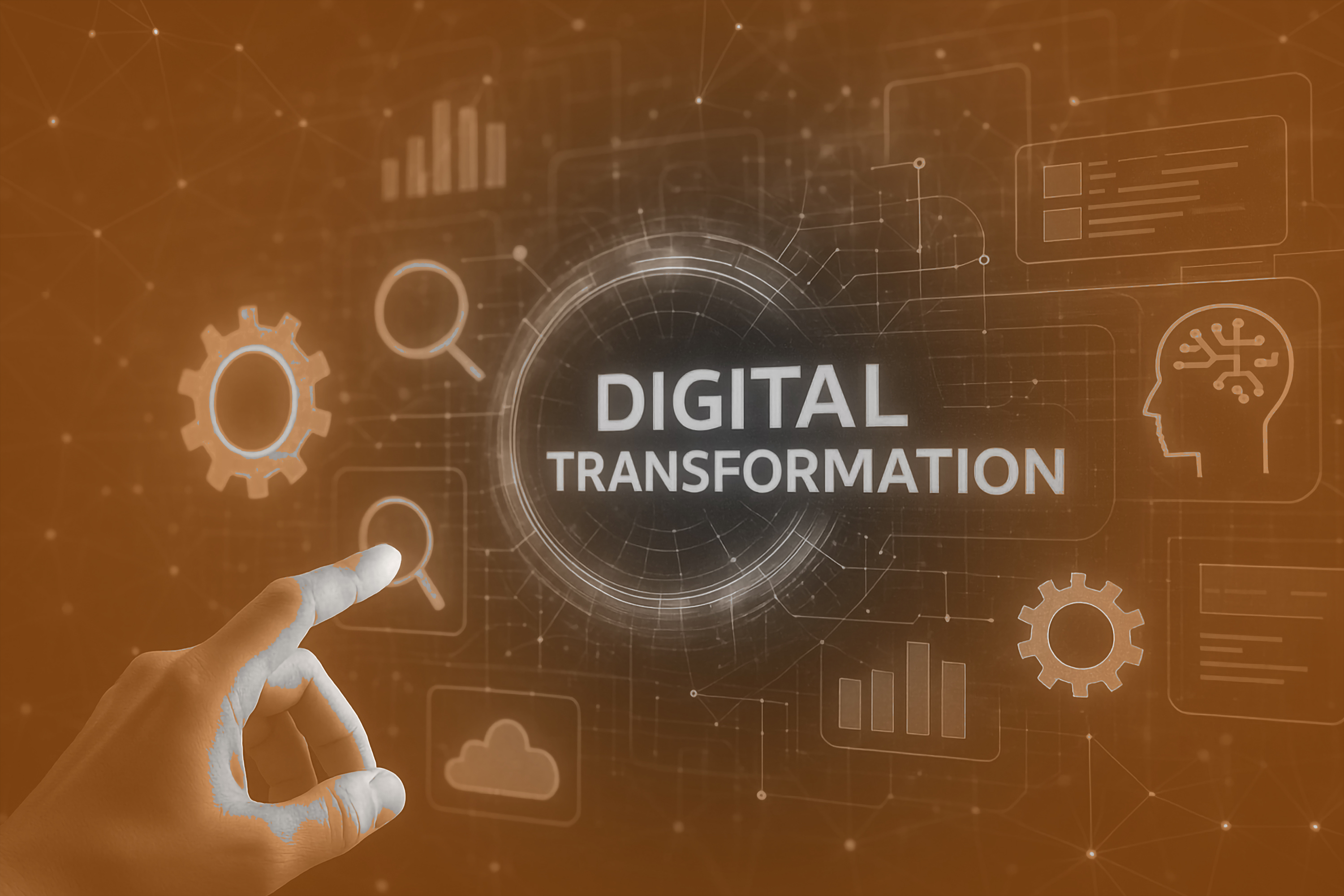 A human hand interacting with a digital interface showing icons and the text Digital Transformation, representing AI, cloud computing, and technology-driven innovation for German start-ups.
