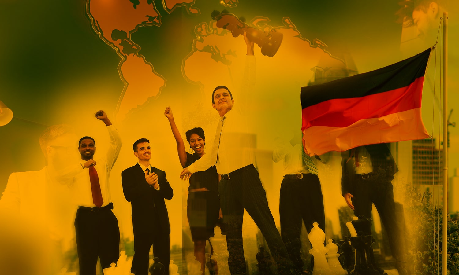 Business team celebrating international business success with German flag and world map in background