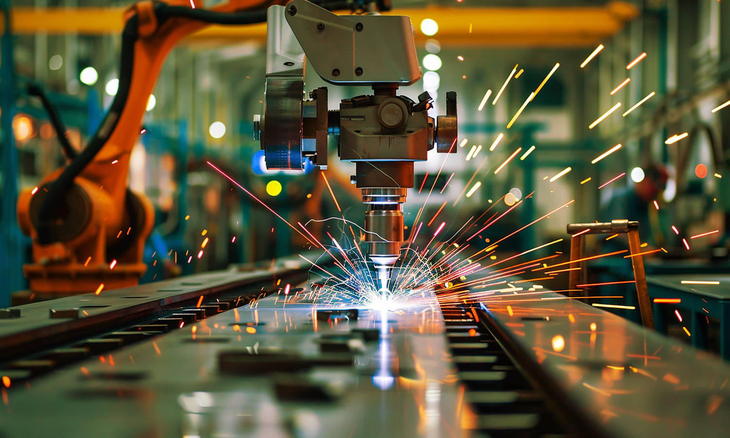 Industrial robotic arm performing automated welding with sparks, showcasing AI in German manufacturing for smart factories and Industry 4.0 innovation.